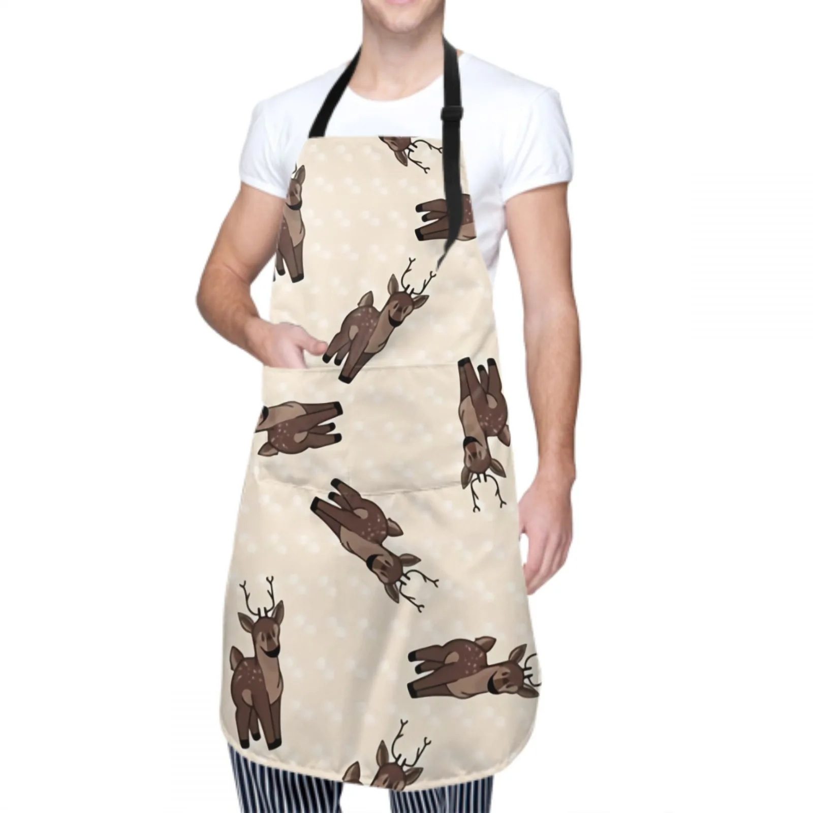 Deer Antler Waterproof Apron with 2 Pockets Kitchen Chef Apron Cartoon Apron for Hair Brushing Cooking Baking Painting Gardening