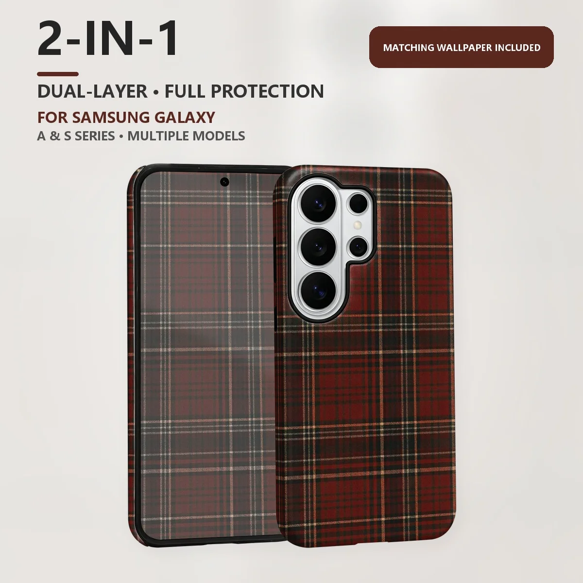 Red Black Plaid 2-in-1 Dual-Layer Phone Case for Samsung Galaxy S26 S25 S24 S23 S22 S21 Plus Ultra FE S20 FE A56 A17 A16 A15