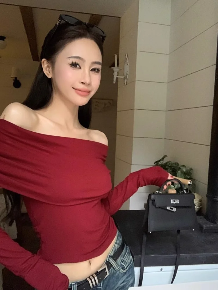 Slash Neck T-shirts Women Sexy Casual Tops Vintage Hot Girls Slim Basic Clothing All-match Seductive Slouchy Daily Temper Simple