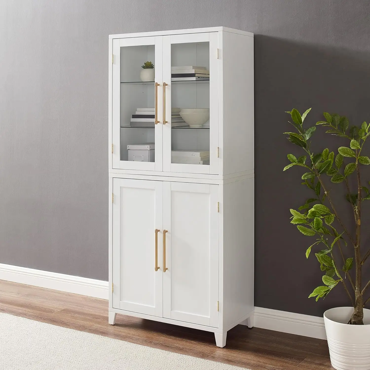 Crosley Furniture Roarke Storage Pantry with Glass Door Hutch, White