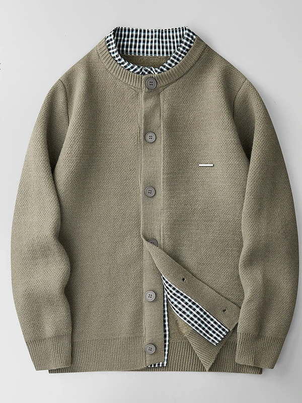 

Simple Sle Men's Knitted Button-Up Plaid Patchwork Cardigan Spring Autumn High-End Trendy Long Sve round Ne Sweater Coat