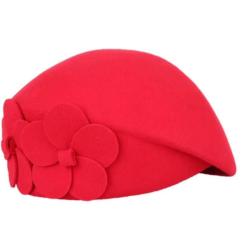 Vintage Black French Beret 100% Wool Hat for Women Red Pink Flower Fedora Winter Felt Ladies Church Hats Chepeau Feminino Gift