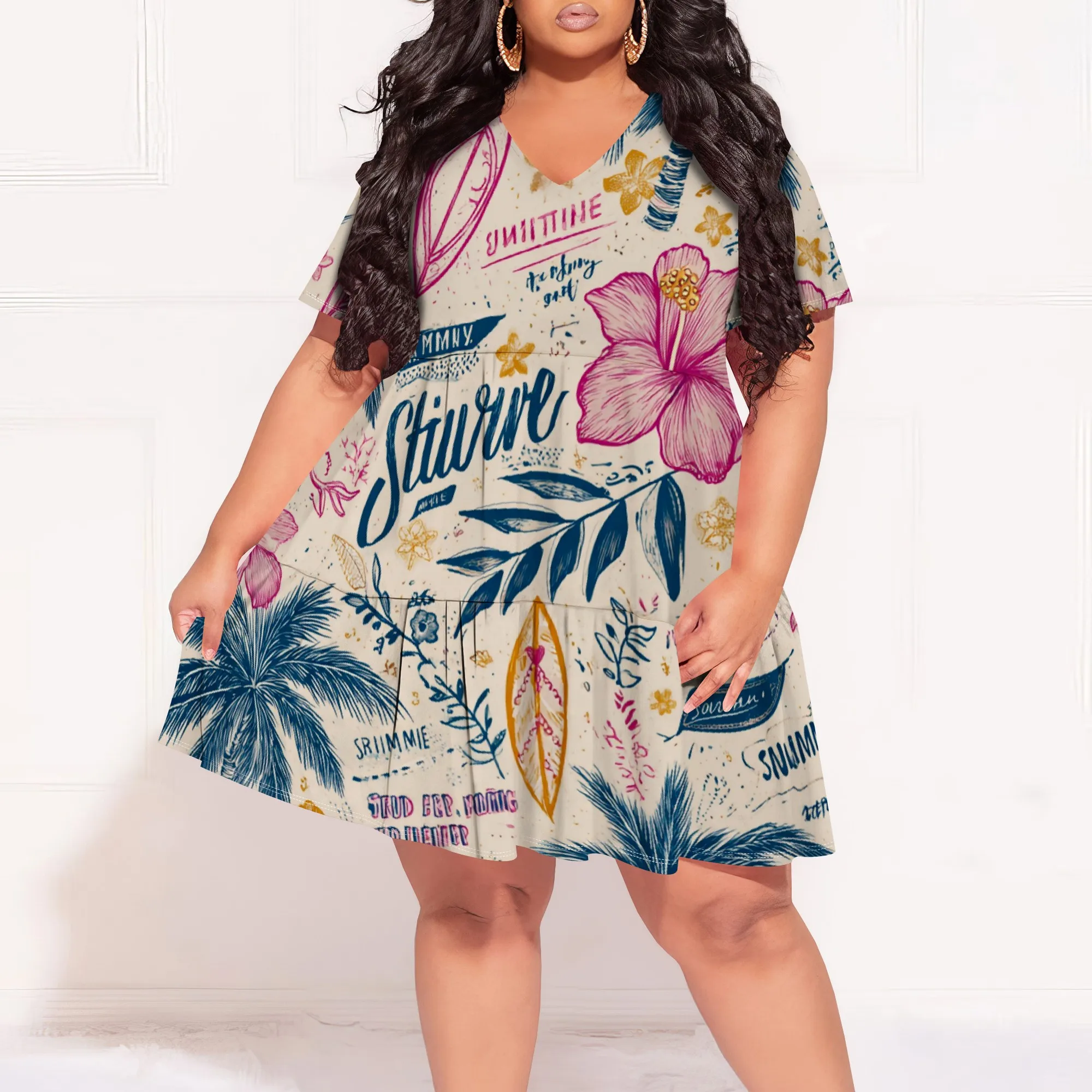 

"Plus Size XL-6XL Floral Print Summer Dress, Short Sleeve Casual Beach Outfit for Tropical Vacation & Hawaiian Party"