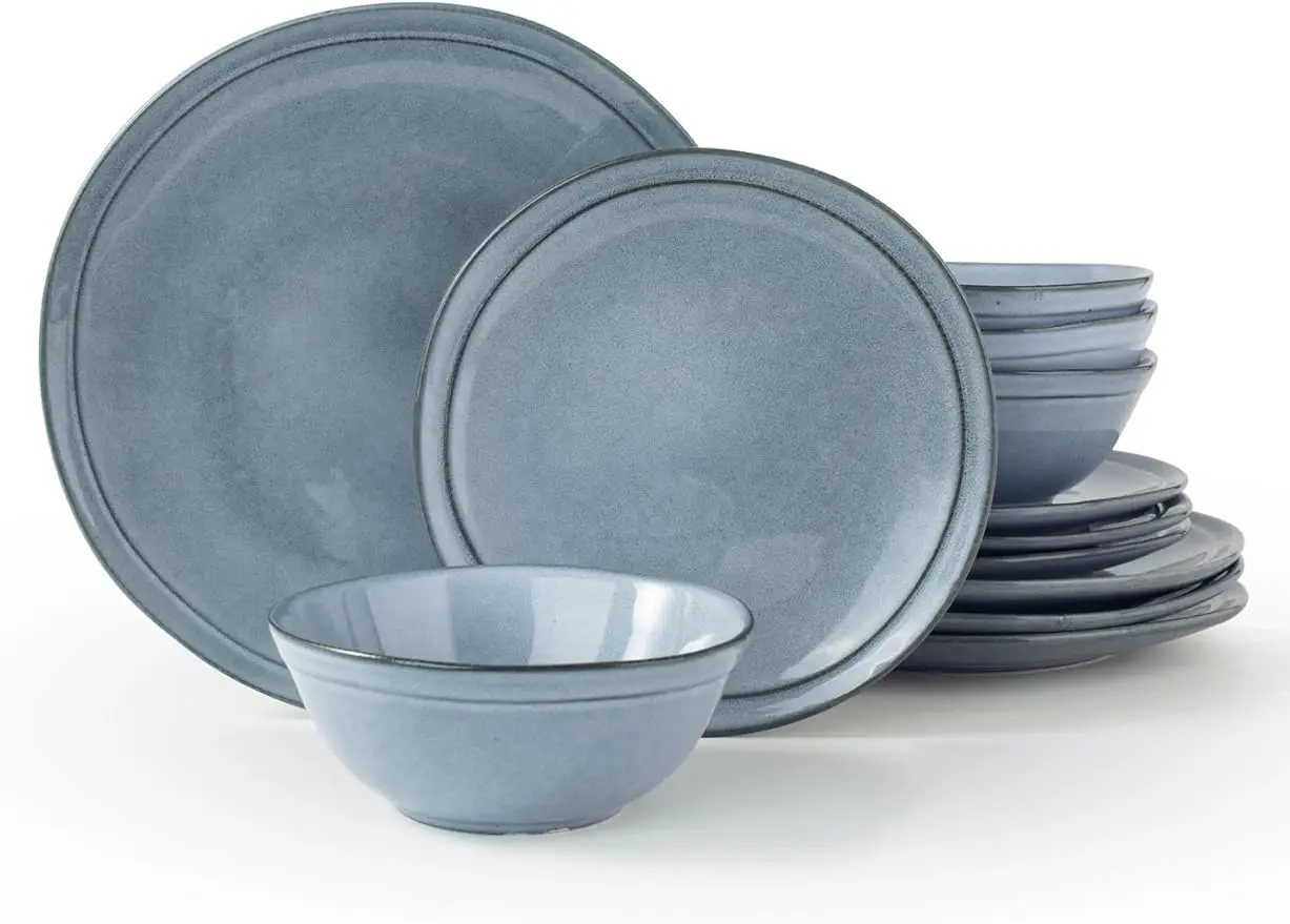 

Famiware Aegean Plates and Bowls Sets Dinnerware Set for 4, 12 Pieces Dish Set Handmade Irregular Round Stoneware Dishware