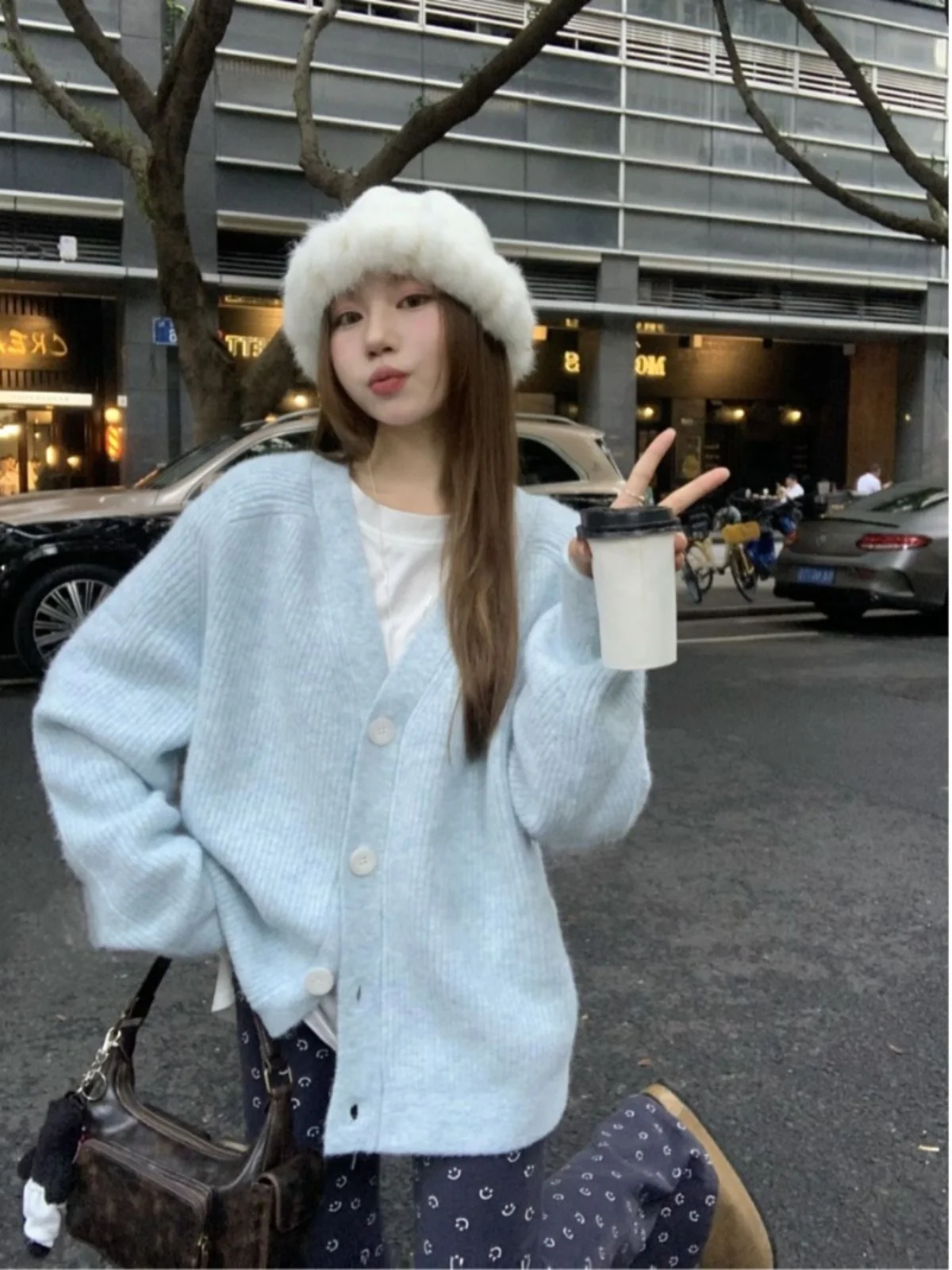 

Blue Lazy Knitted Open Cardigan Sweater Women's Outerwear Loose V-neck Versatile Top for Autumn Winter Korean Style Soft Poly...