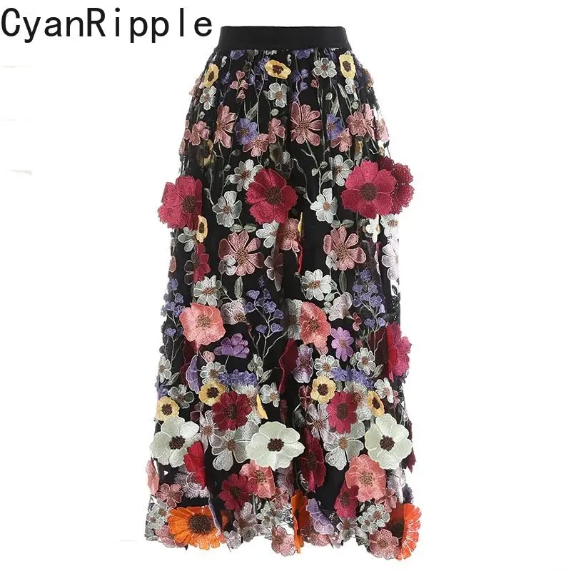 High Quality Mesh Embroidery Flowers Mid-long Women A-line Skirt All-match Elastic High Waist Elegant Goddess Fairy Skirts