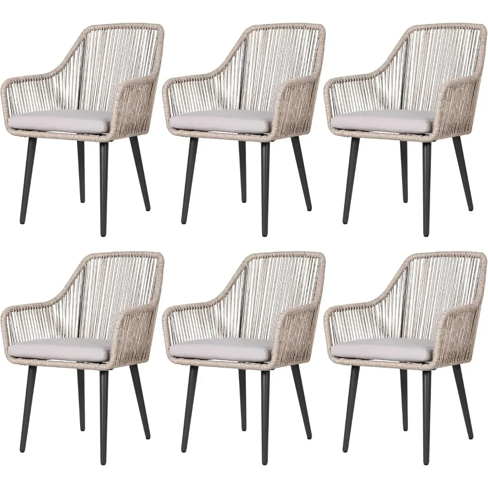 

Стулья для столовой на открытом воздухе, набор из 6 стульев для обеденного патио, всепогодные стулья из плетеной веревки из ротанга, уличные обеденные стулья с подлокотниками