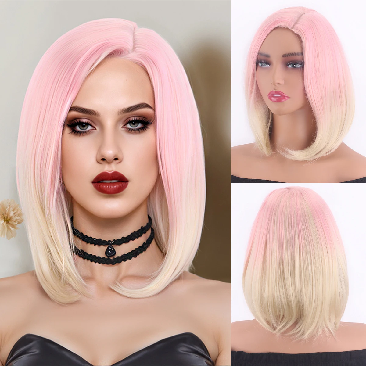Oblique parting, top-dyed, short-style, gradient color, pink-beige, women's wig Synthetic fiber wig