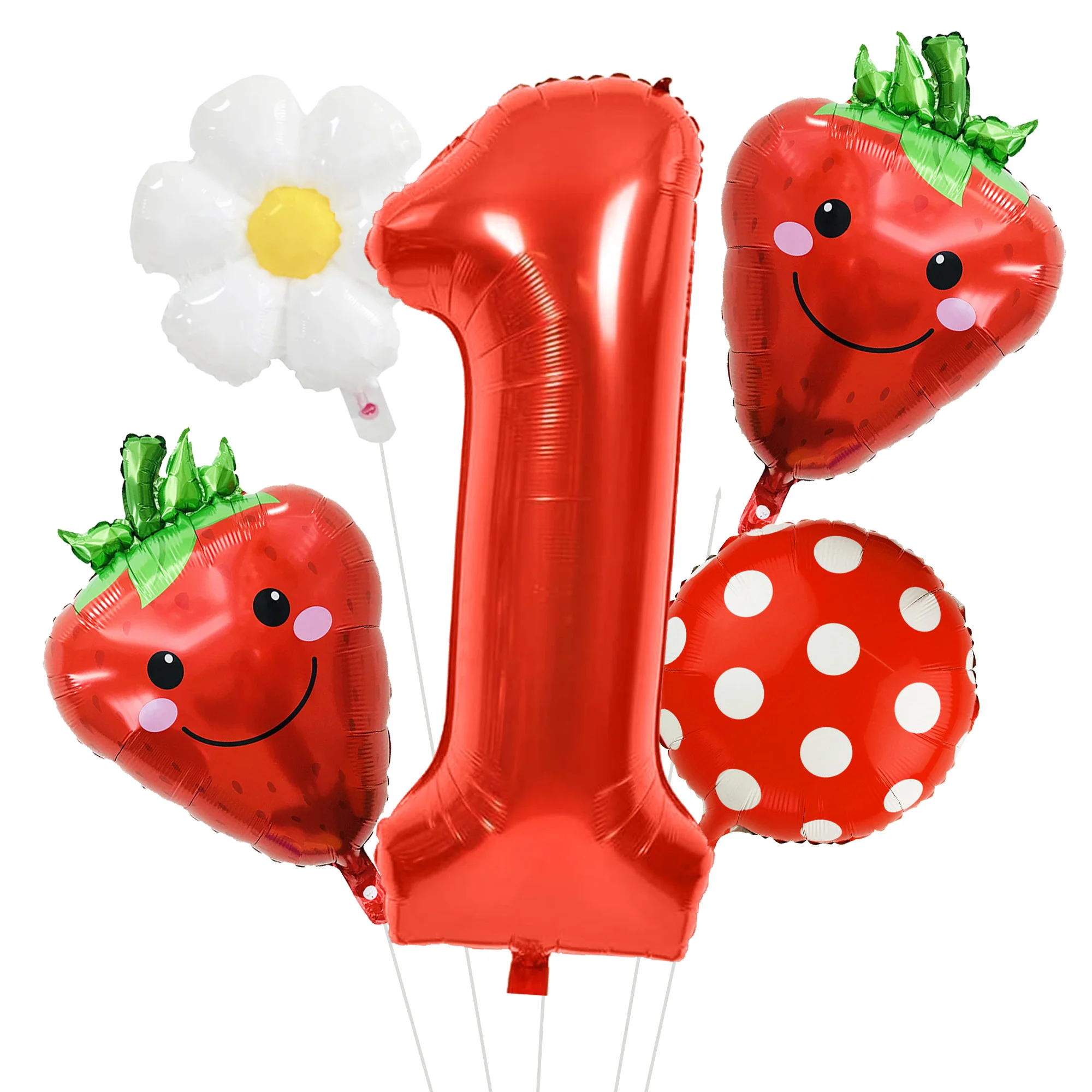 5-teiliges Set mit roten Ballons in den Zahlen 1-6, Erdbeer-Gänseblümchen-Ballon-Set, Erdbeer-Gänseblümchen-Folienballons mit Punkten, geeignet für Muttertag, Valentinstag, Geburtstagsfeiern,