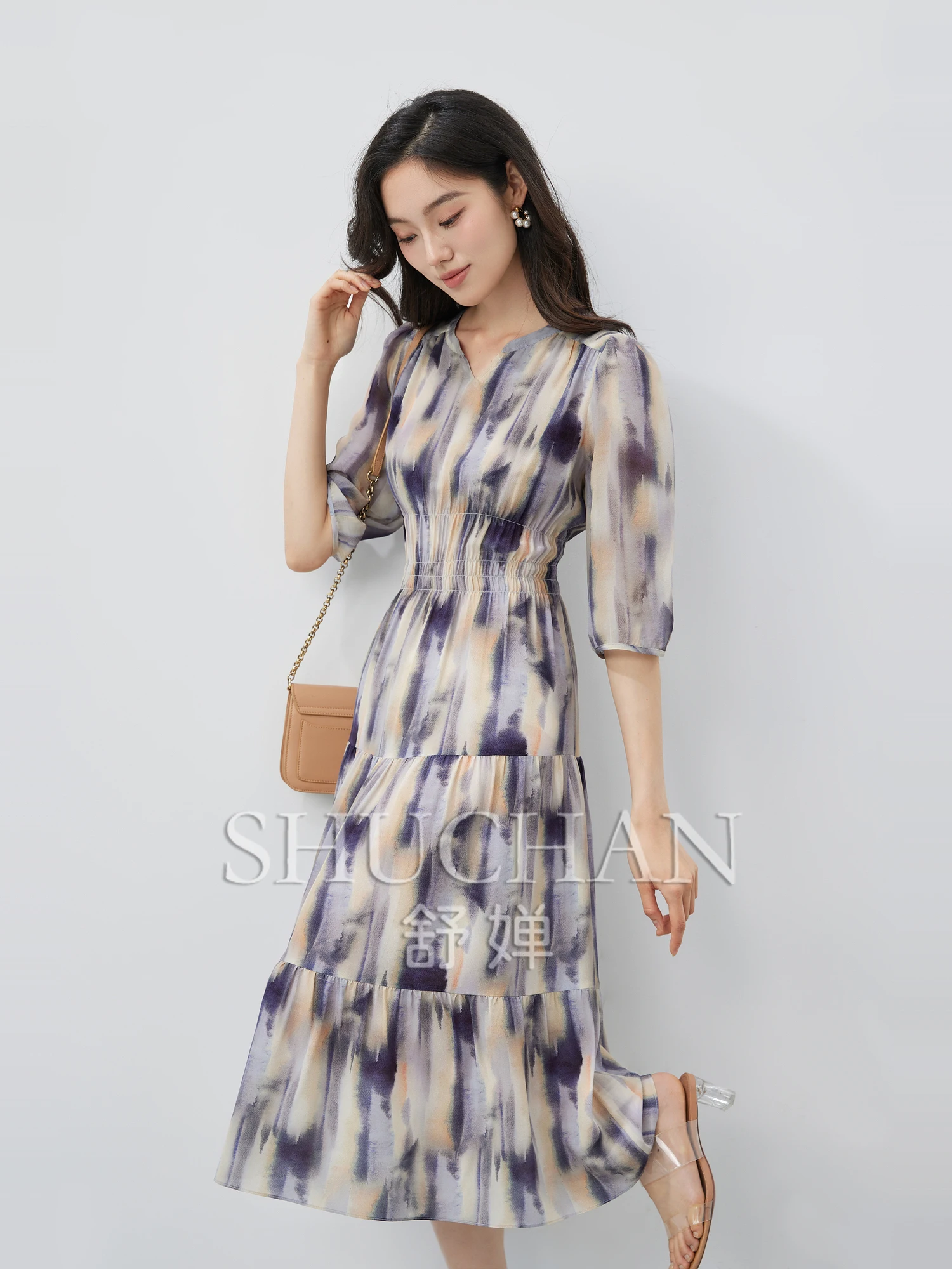 

Crepe De Chine 16mm Double Crepe Silk Waist Wrap Scissors Collar Ink Printing Dress Women Summer 2025