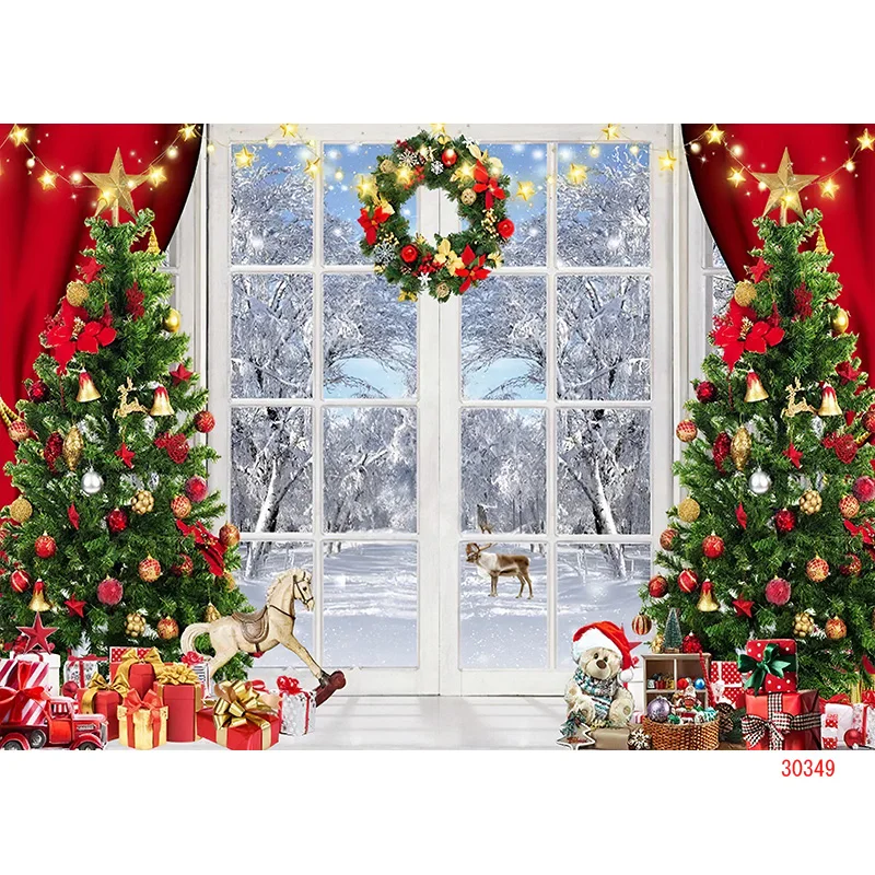 NITREE árbol de Navidad ventana corona fotografía telón de fondo puertas de madera muñeco de nieve cine pino Año nuevo fondo Prop ZZ-24