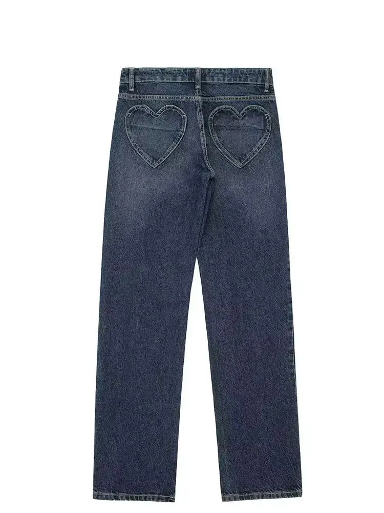 HH 2024 Women\'s Street Fashion Denim Suit Long Sleeve Lapel Buttons Heart Pattern Jacket+High Waist Straight Jeans Retro Set