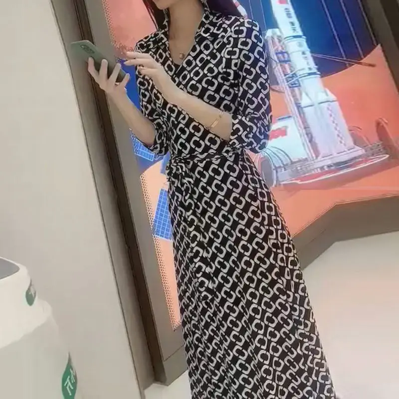 

Vintage Printed Dresses Elegant V-Neck A-Line Female Clothing Drawstring Bow Stylish Split Spring Summer 3/4 Sleeve Long Dress
