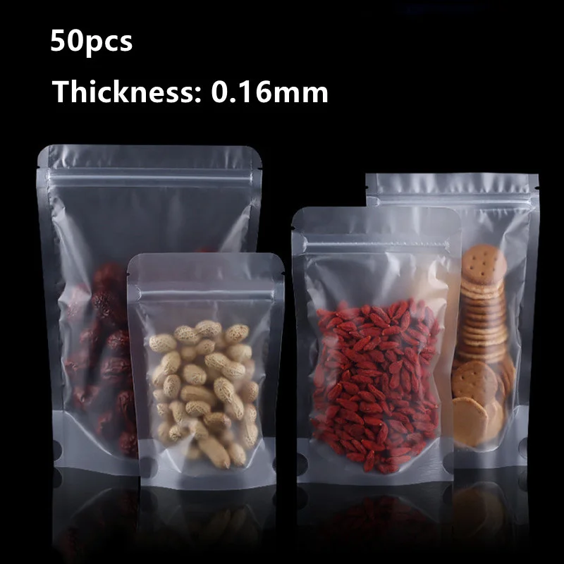 50 Uds. Bolsas de plástico esmerilado con cremallera para turrón, dulces, galletas, comida, aperitivos, bolsa con cremallera, organizador de almacenamiento de cocina