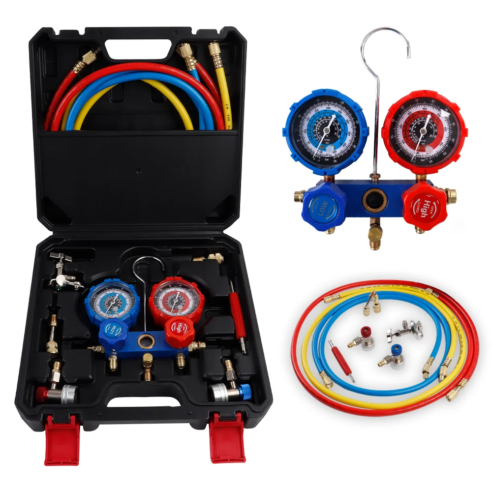 Car Air Conditioning Manifold Pressure Gauge Set, Compatible With R410A R22 R134a R404A Refrigerants, Refrigerant Charging Tools