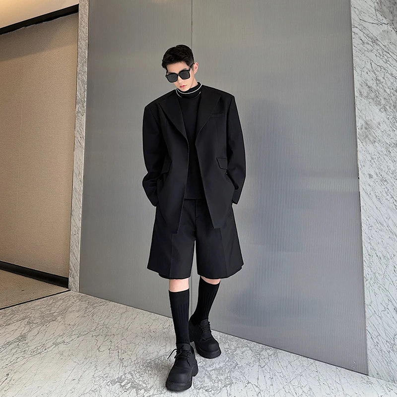 Men Fashion Show Loose Casual Oversized Blazers Suits Jacket Shorts 2PCS Sets Korean Streetwear Vintage Suit Coat Short Pant