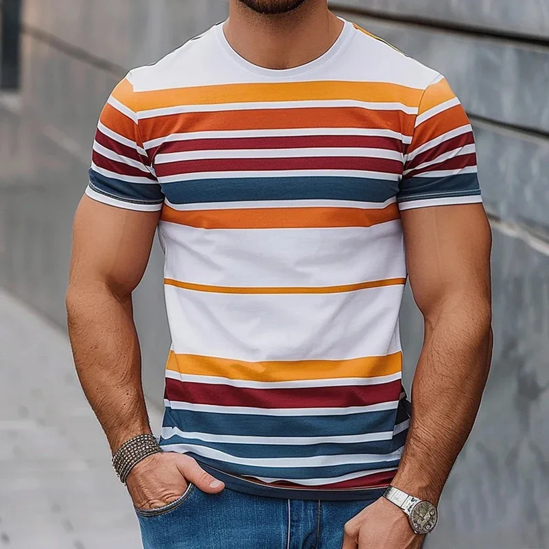 Mens Work Shirts Mens T-Shirts Tops Gifts Mens Womens Everyday Stripe Print Short Sleeve Crew Neck T-Shirt Tops Gym Tops
