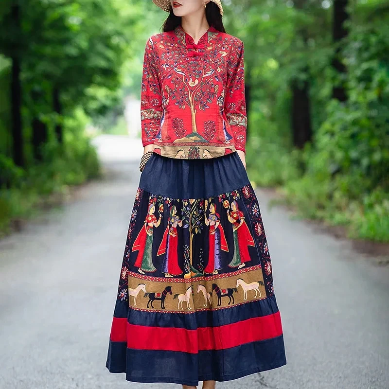 Ethnic Women's Long-sleeved Dress Spring And Autumn New Large-size Printed Cheongsam Top Skirt Two-piece Casual Summer Dress.