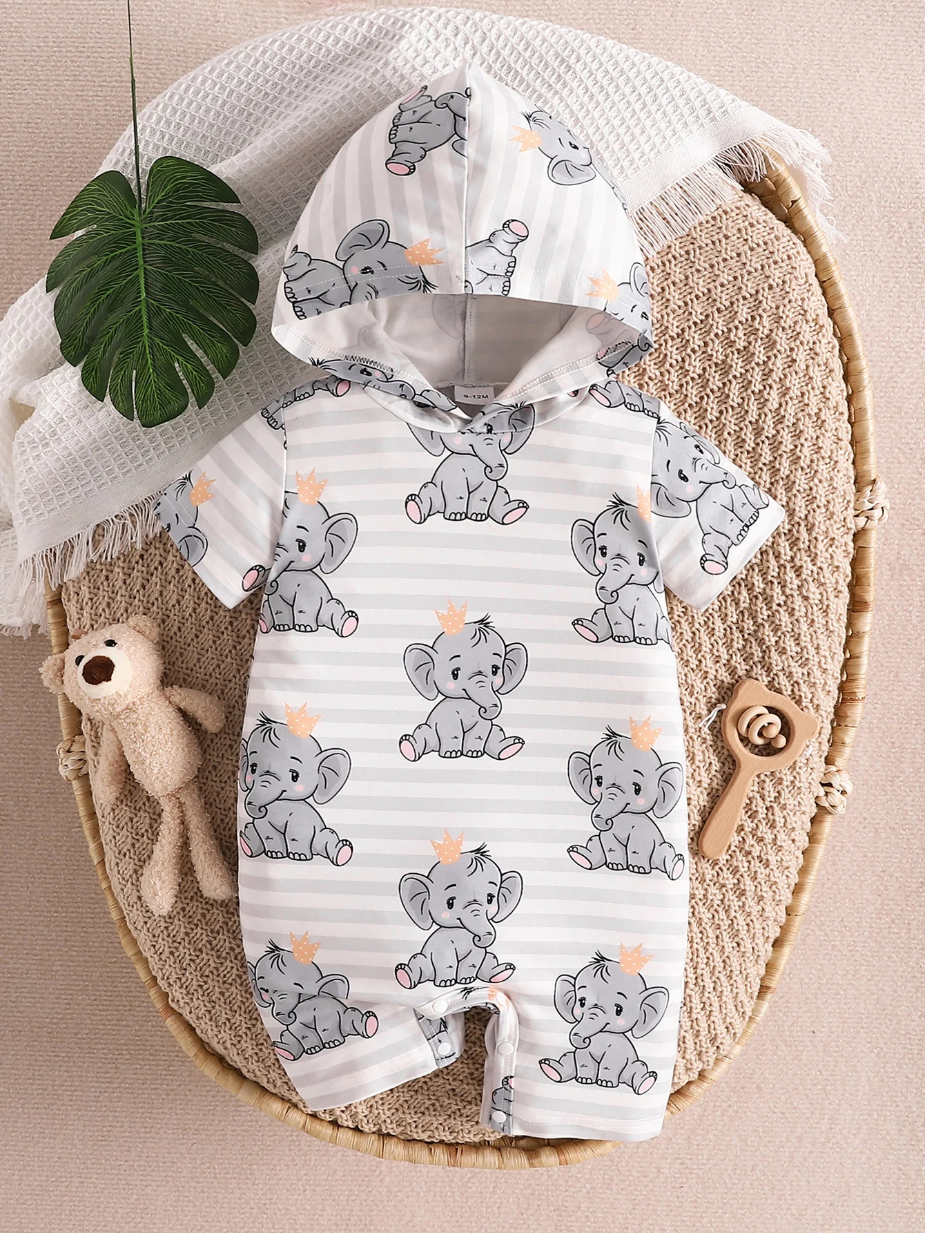 Baby Girls Casual Elephant Print Short Sleeve Hooded Romper Jumpsuit 2024 Summer Infant Newborn Cute Fashion Clothes