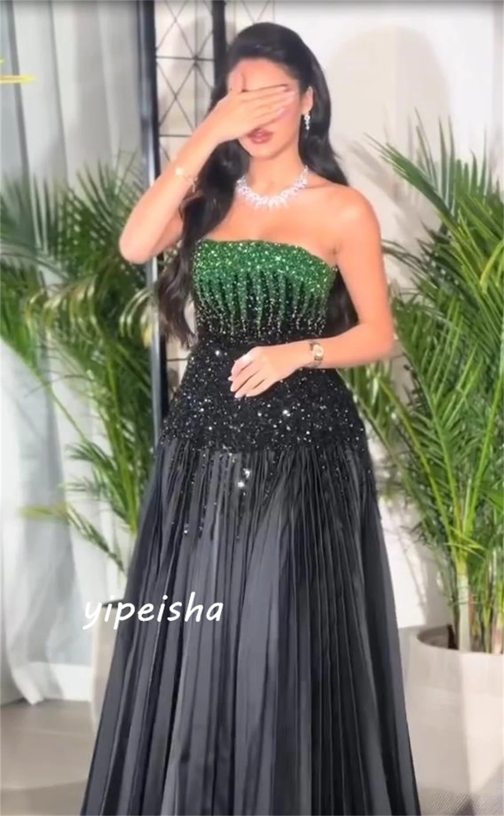 Prom Dress Saudi Arabia Yipeisha Sparkle Elegant Strapless A-line Beading Paillette / Sequins Draped Charmeuse Evening Dresses