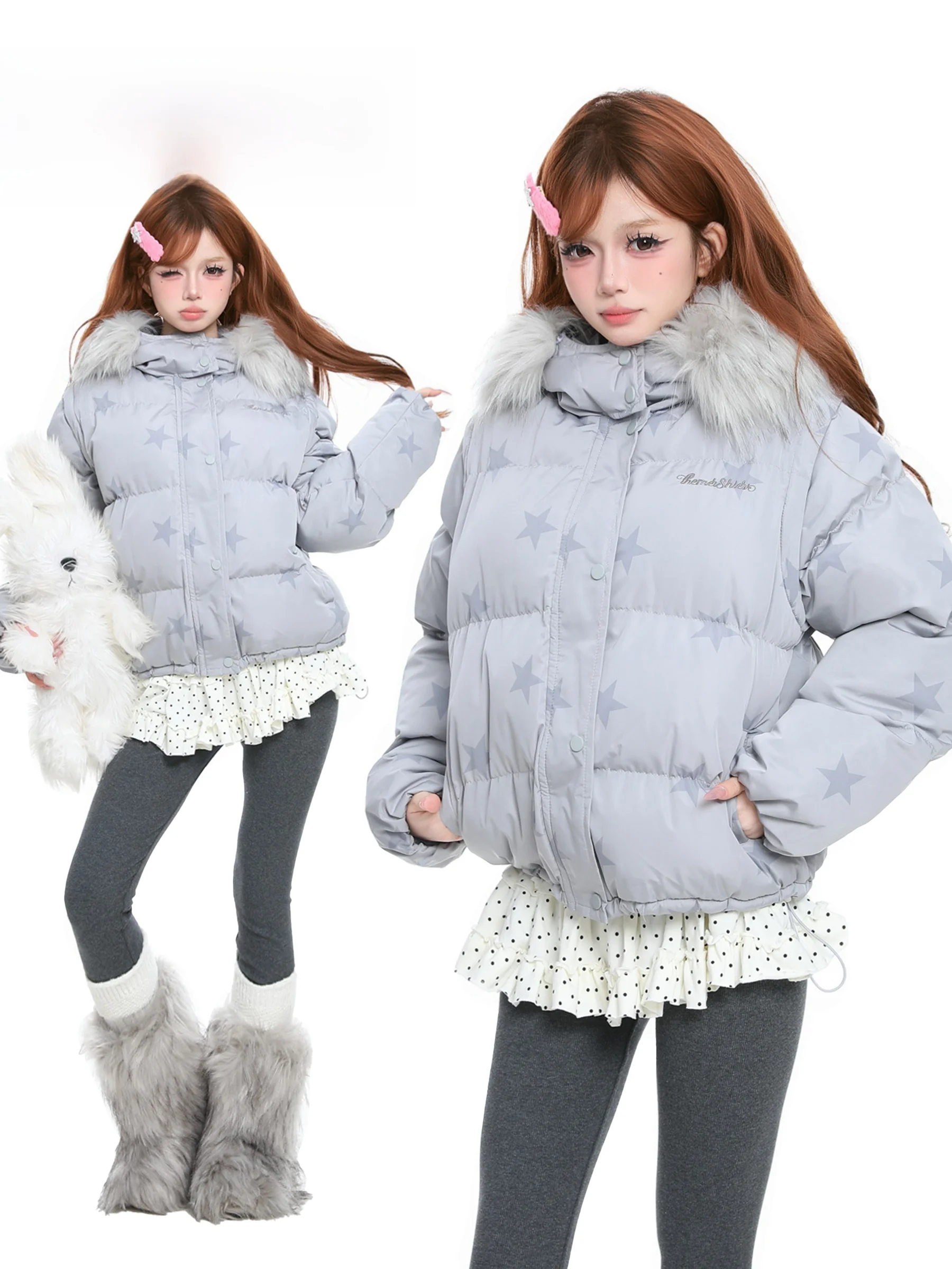 

Зимнее хлопковое пальто BASTERDS для женщин с капюшоном, съемным меховым воротником, принтом, в корейском стиле, свободного кроя