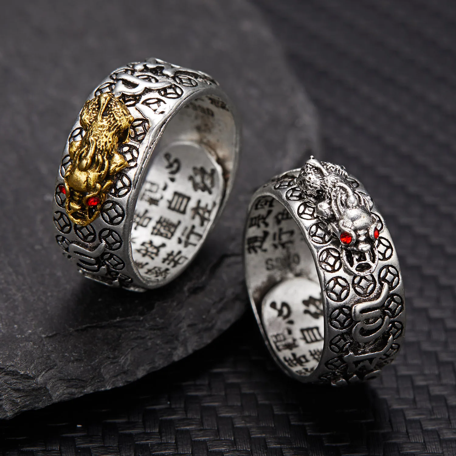 

2Pcs/Set Chinese Feng Shui Brass Pixiu Rings For Men Amulet Vintage Copper Coin Adjustable Unisex Ring Bring Wealth Luck Jewelry