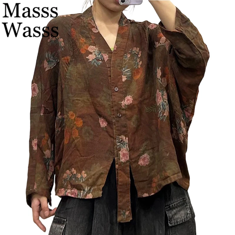 

Masss Wasss 2026, весенняя женская винтажная хлопково-льняная куртка с цветочным принтом, свободные повседневные пальто с принтом, женская классическая верхняя одежда большого размера