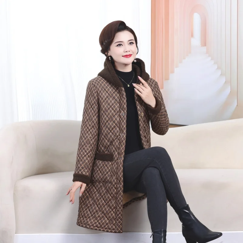 حجم كبير Fce اصطف منتصف طول Jaet المرأة الدفء الرجعية Sle تخفيف طويل Sve ملابس خارجية الشتاء مقنعين سترات