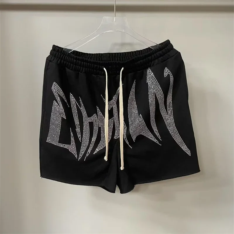 2025 ملابس الشارع الأمريكية مختلطة العاطفة الرجال السراويل الساخن الماس إلكتروني طباعة النساء السراويل السوداء #1