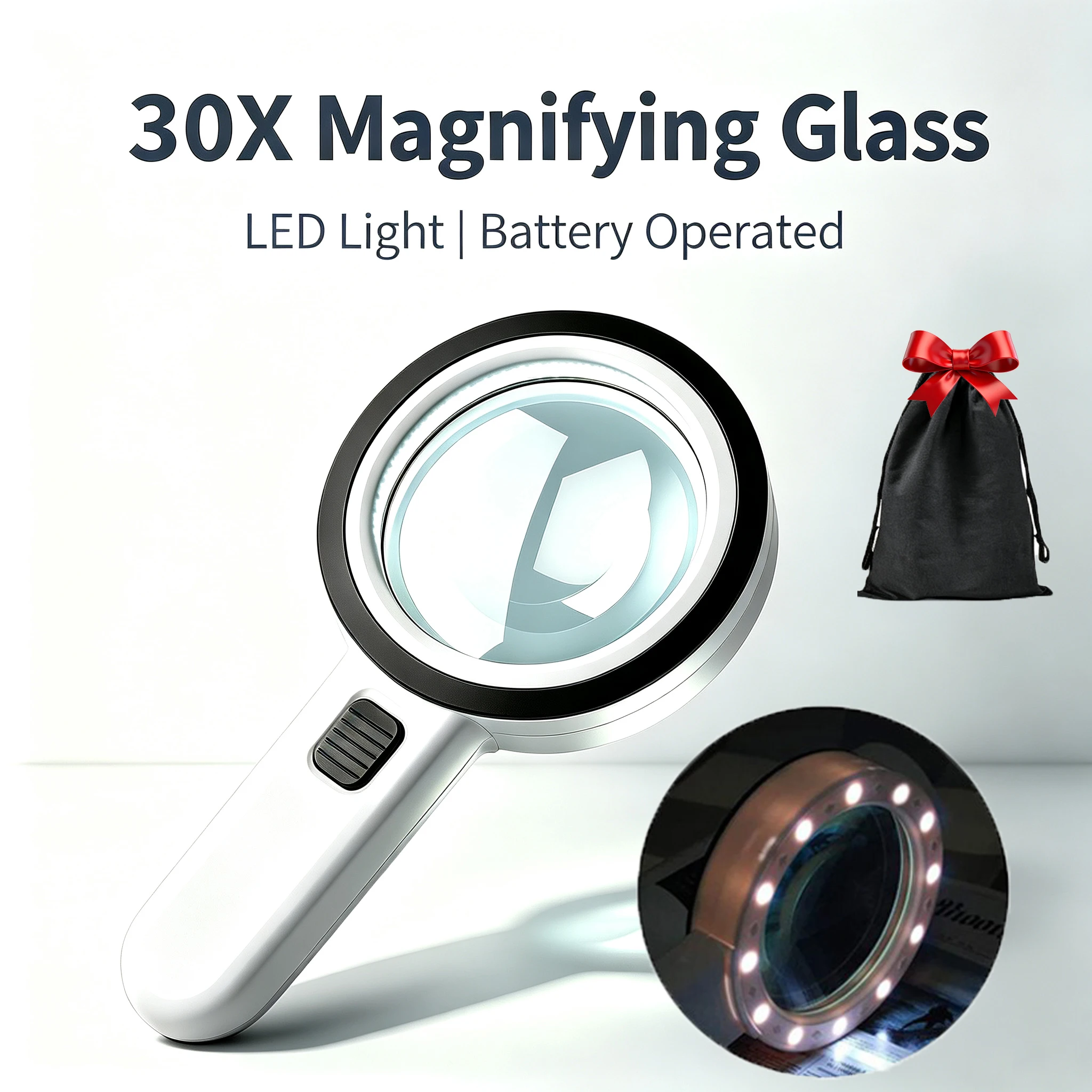 Body Jewelry Websites - แว่นขยายมือถือ 30X พร้อมไฟ LED ใช้แบตเตอรี่ เลนส์ออปติคอล