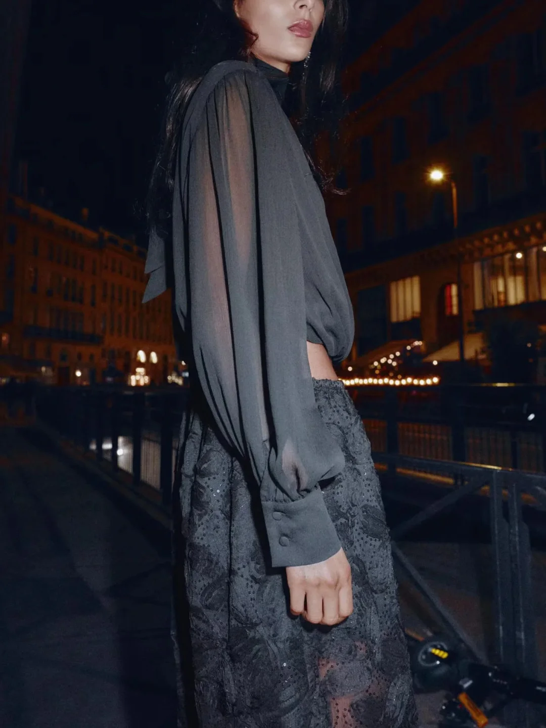 Inverno nova chegada feminina design fraionable gola ort balão irt semi transparente plissado casual sle solto ajuste