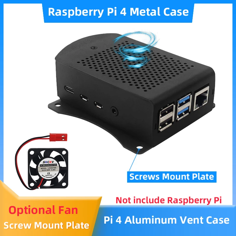 Raspberry Pi 4 Aluminum Case Vent Metal Shell with Screw Mount Plate Optional Cooling Fan for RPi 4