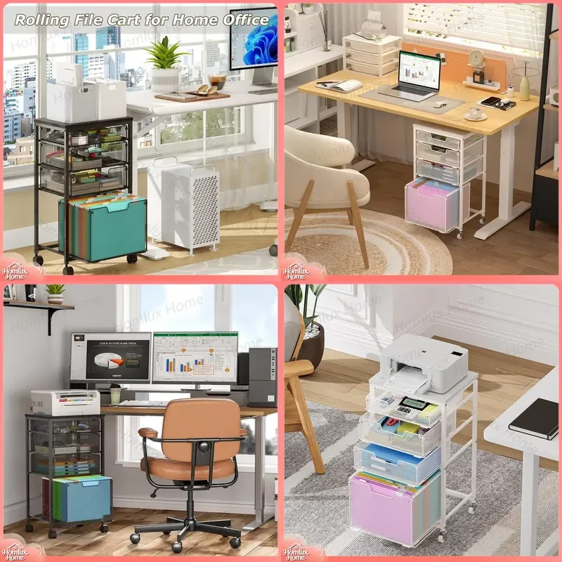 Four Layer Rolling File Cart with 3 Drawers Mobile Office Filing Cabinet Storage Organizer for Home Office School Workspace