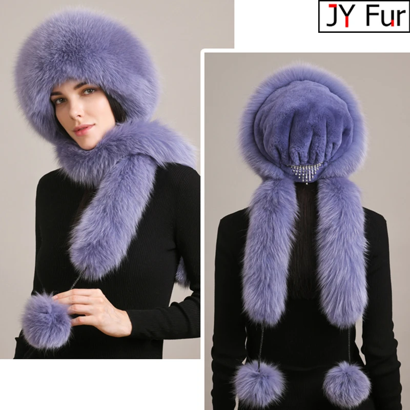 Women\'s Winter Hat With Real Natural Fox Fur Surround Extra length Can Be Used As A Scarf With Hanging Chain In The Back Caps