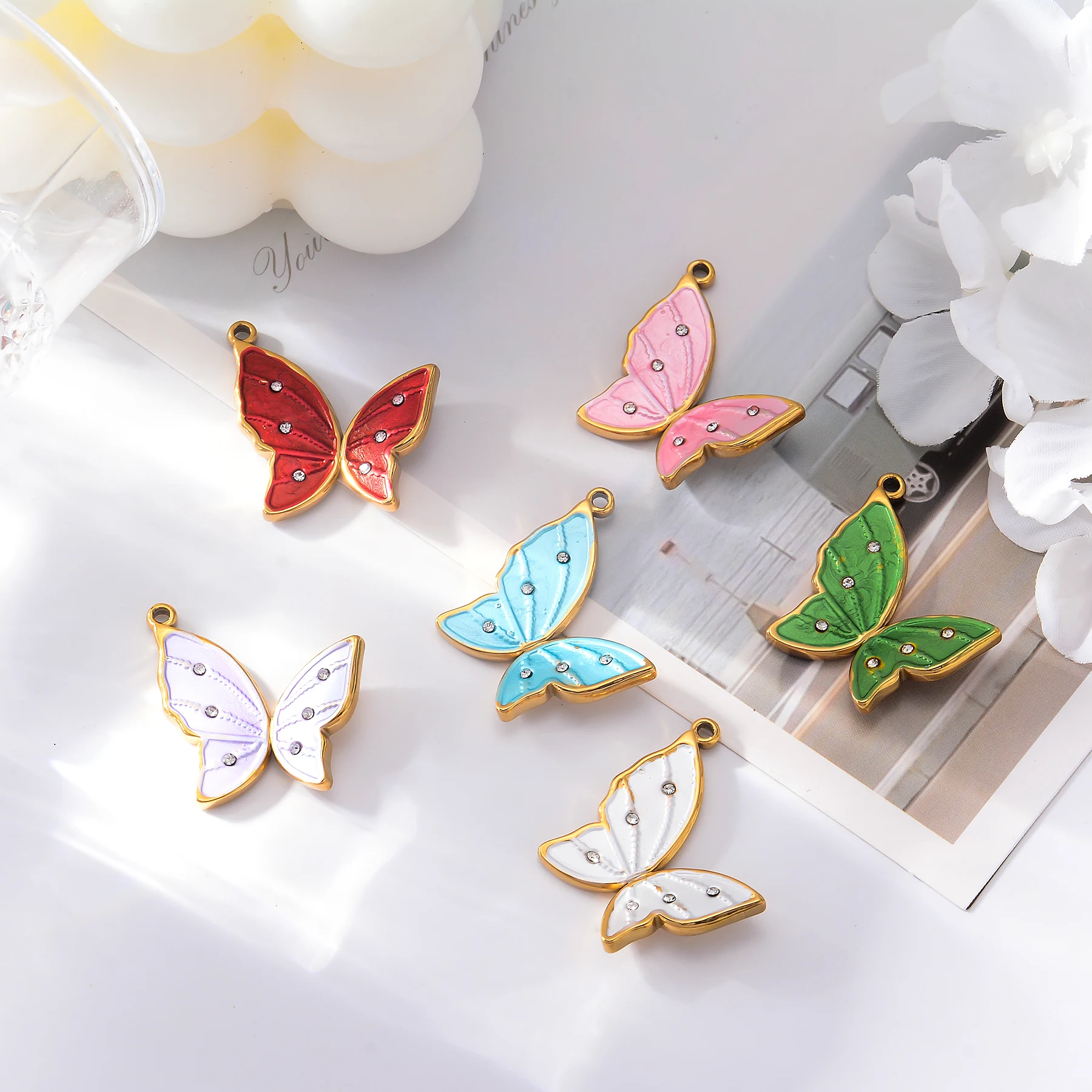 2 قطعة المينا الفولاذ المقاوم للصدأ قلادة على شكل فراشة ملونة DIY بها بنفسك صنع قلادة مفتاح سلسلة مجوهرات اكسسوارات الحيوان #1