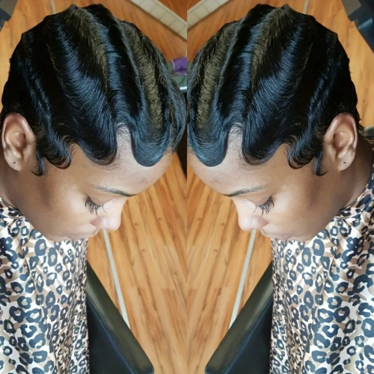 짧은 레이어드 픽시컷 인모 풀머신 메이드 가발 앞머리 포함 내추럴 블랙 컬러 여름 가발