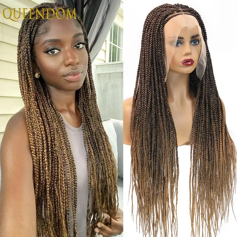 32 zoll Synthetische Volle Spitze Geflochtene Perücken Für Schwarze Frauen Ombre 1B27 Zöpfe Spitze Perücken Göttin Böhmischen Box Braid Locs perücke