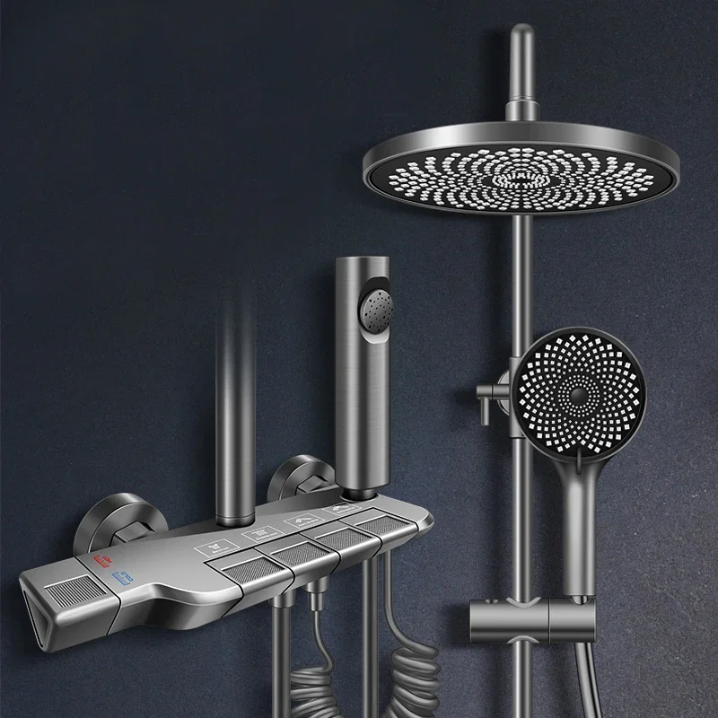 

Grey Exposed Brass Bathroom Shower 4 ways Piano Control Valve Thermostatic Rainfall Shower Set with Round Shower Head