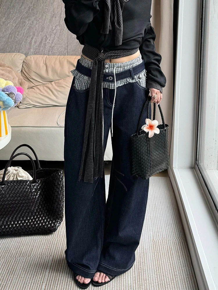 

plus Size American Retro Plaid Waist Wood Grain Splicing Jeans Women's Loose Straight Floor-Length Pants Casual High Wai...