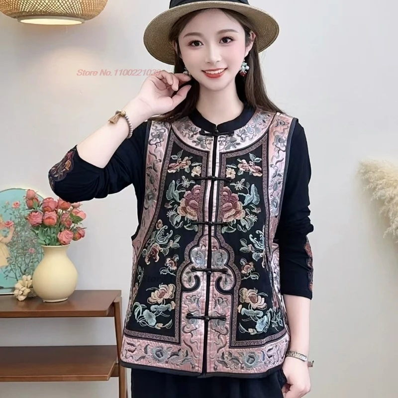 

2025 national flower embroidery ethnic vest vintage hanfu tops oriental satin jacquard stand collar folk vest sleeveless jacket