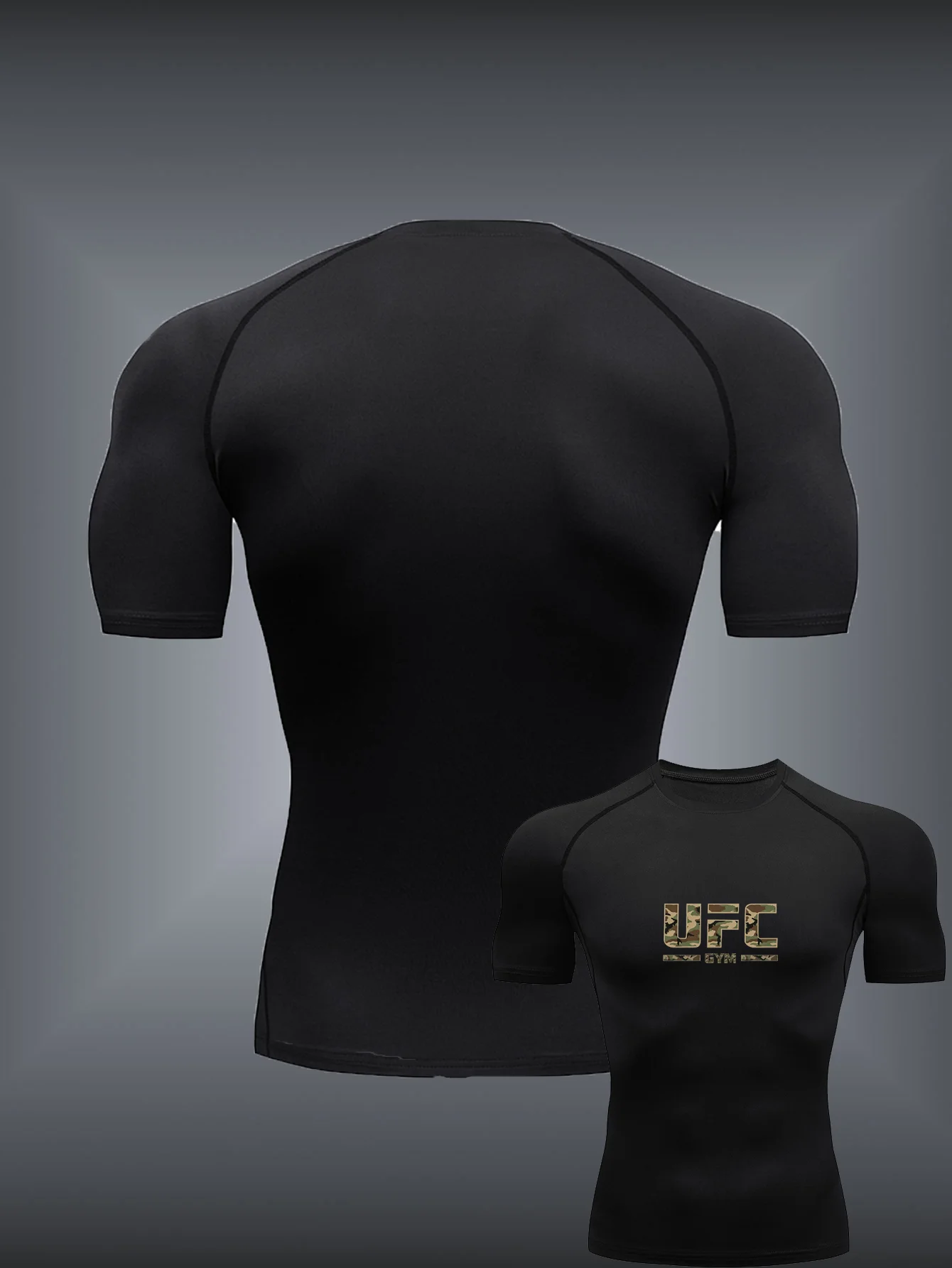 UFC GYM Men's New Summer Quick-Dry Short-Sleeve Compression Training T-Shirt – Camo-Style Lettering Print - view 2