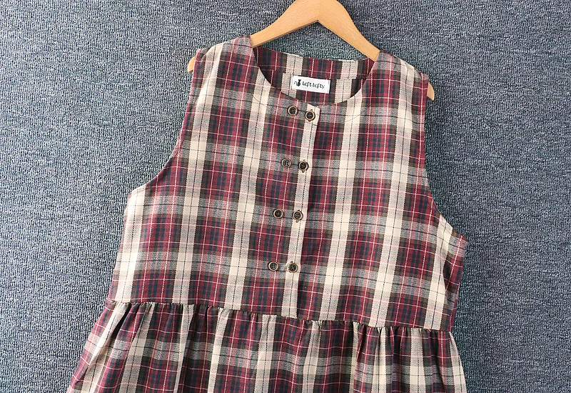 Robe en lin de coton à carreaux vintage pour femmes, robe trapèze décontractée, col rond, mode coréenne, Mori Girl, nouveau, automne