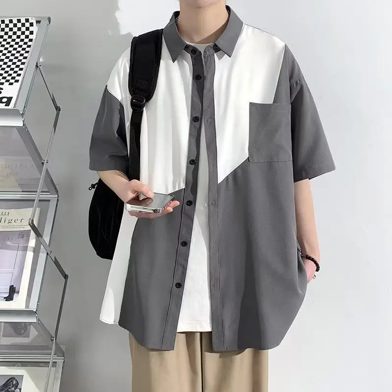 

Ice Silk Short Sleeve Shirt Men's Summer Thin Color Block Jacket Trendy Versatile High-End Feeling Five-Sleeve Shirt Fashionable