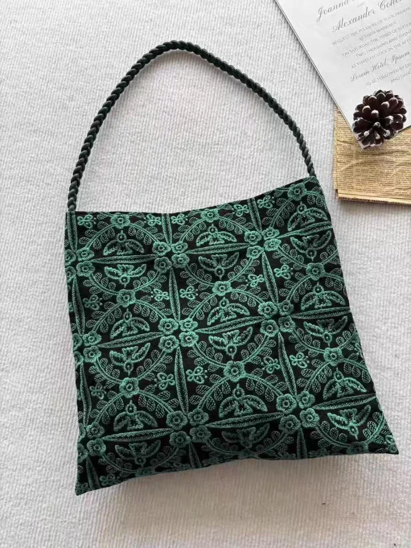Тканая холщовая сумка с вышивкой Green Forest, большая вместительная оригинальная нишевая тканевая сумка ручной работы, универсальная простая большая сумка для женщин