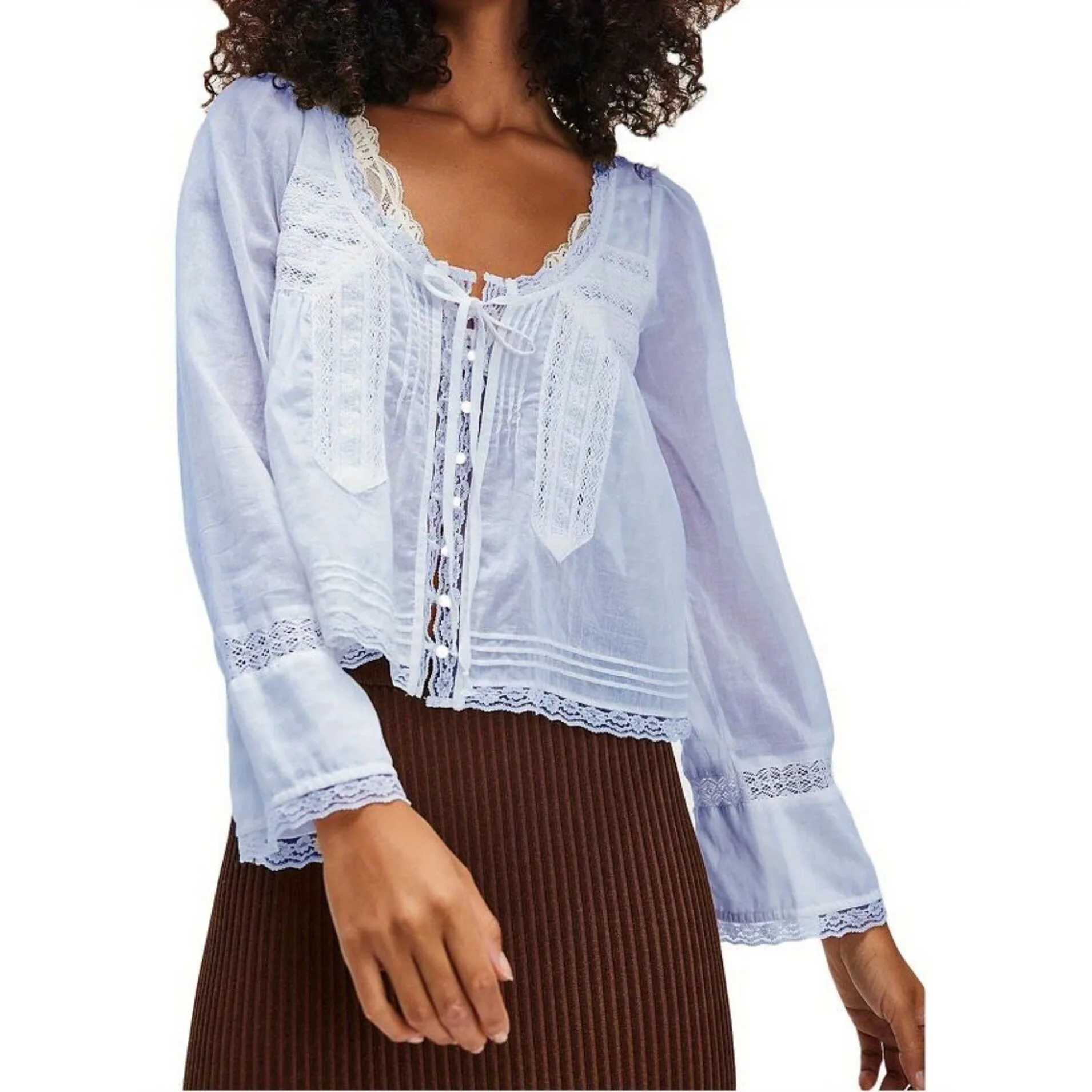 

French U Neck Lace Blouse Women's Fashion Spring Season Princess Sleeve Shirt Not Deform No Sleeve Other Material 100%