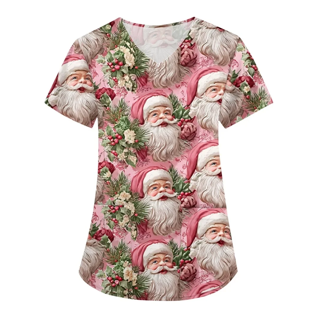 ชุดยูนิฟอร์มพยาบาลหญิงลายคริสต์มาสลายตุ๊กตาหิมะ ลายซานต้า คอวี แขนสั้น มีกระเป๋า สำหรับงานทันตกรรมและคลินิก