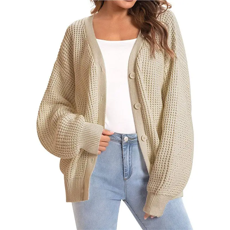 AF90-سترة نسائية محبوكة مكتنزة بأكمام طويلة ورقبة على شكل حرف V مع معطف سترة جيب لخريف وشتاء