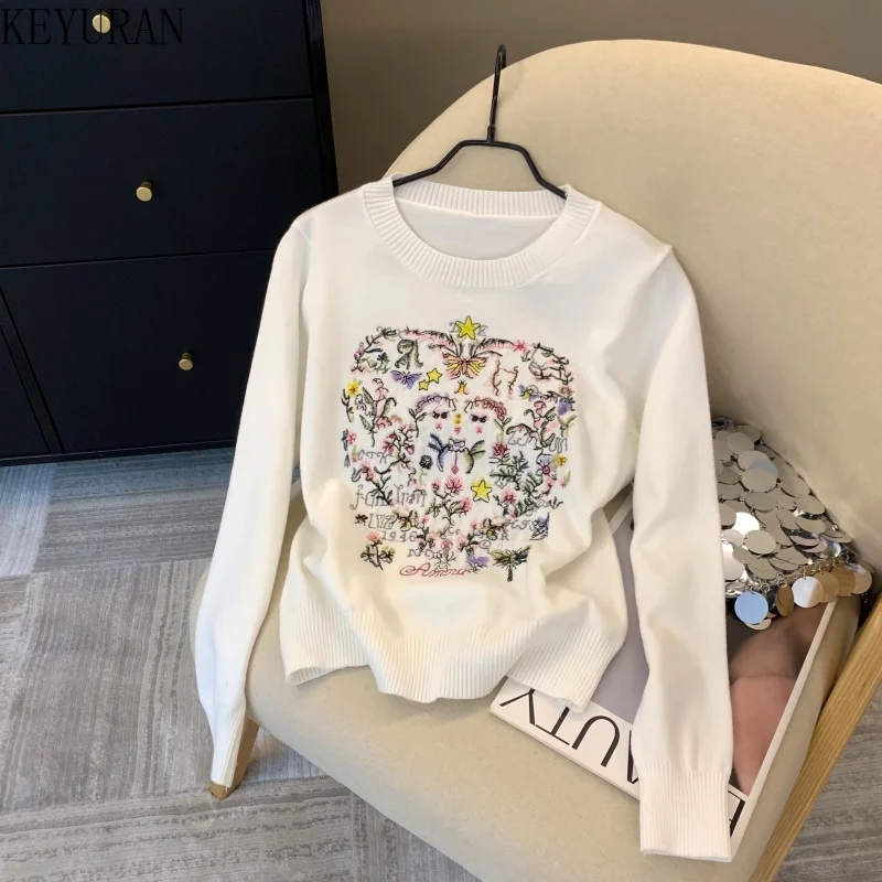 

Sweet Floral Embroidery Knitted Pullover Sweater Women's Vintage Fashion O-Neck Long Sleeve Soft Knitwear Tops Ladies Jumpers
