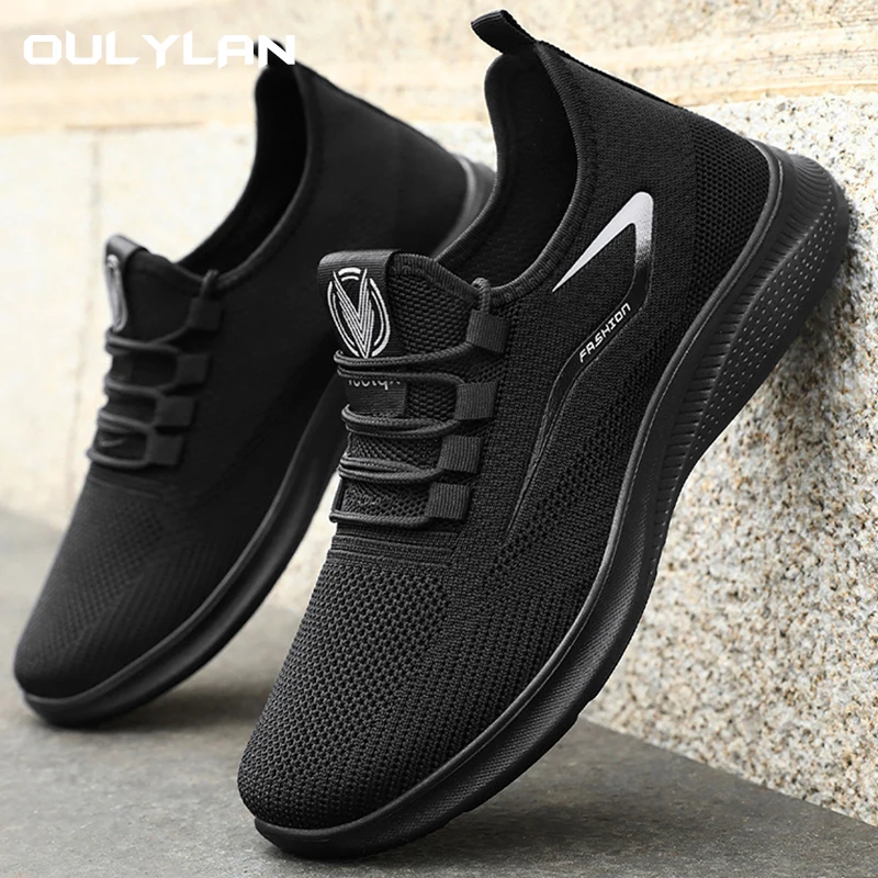 

Men's Breathable Flyknit Sports Shoes PU Soft Sole Mesh Upper Casual Sneakers Low Top Lace Up Lightweight For Summer Spring