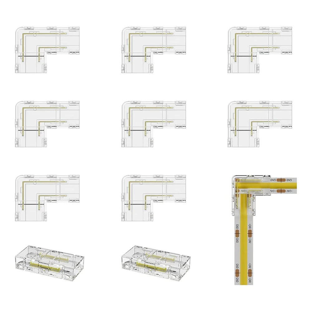 Złącze COB 8 mm 8 szt. złącze narożne w kształcie litery L, 2 szt. złącza bez szczelin do taśm LED COB, NIE do taśm świetlnych 10 mm